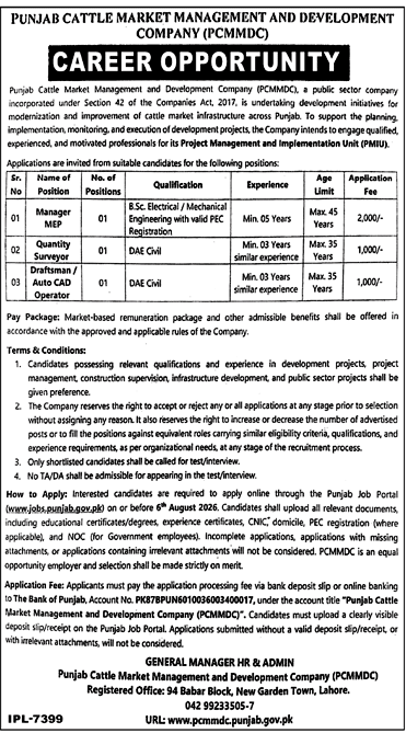 PCMMDC Manager MEP & Quantity Surveyor Jobs 2026
