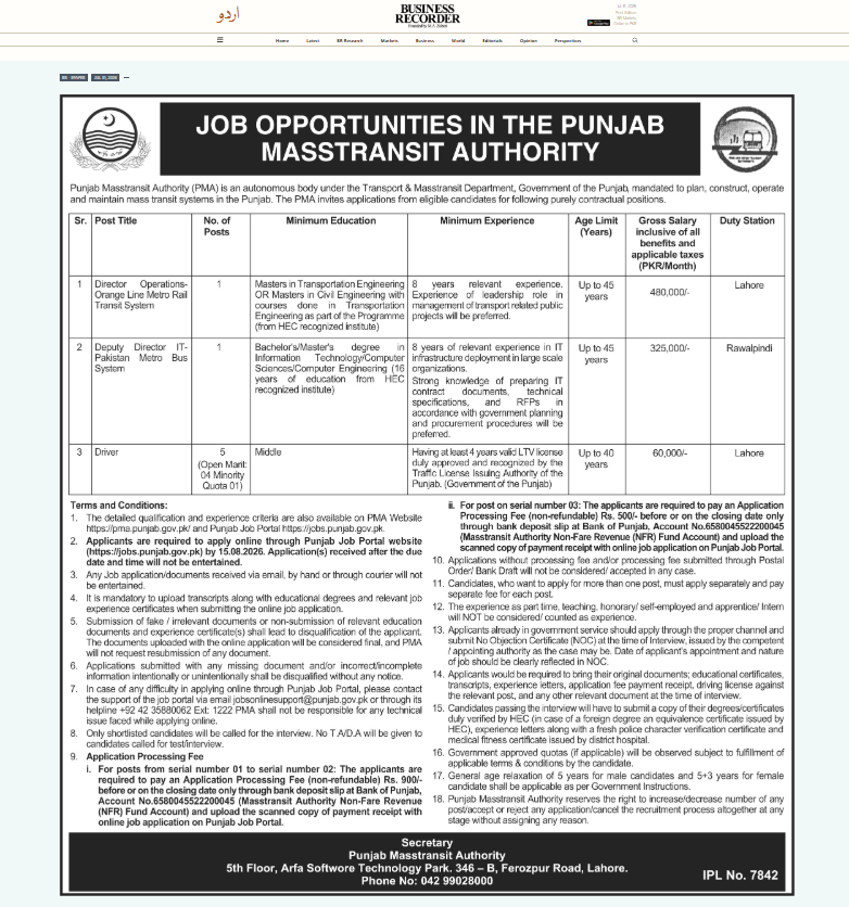 Punjab Masstransit Authority PMA Jobs 2026 Apply Online