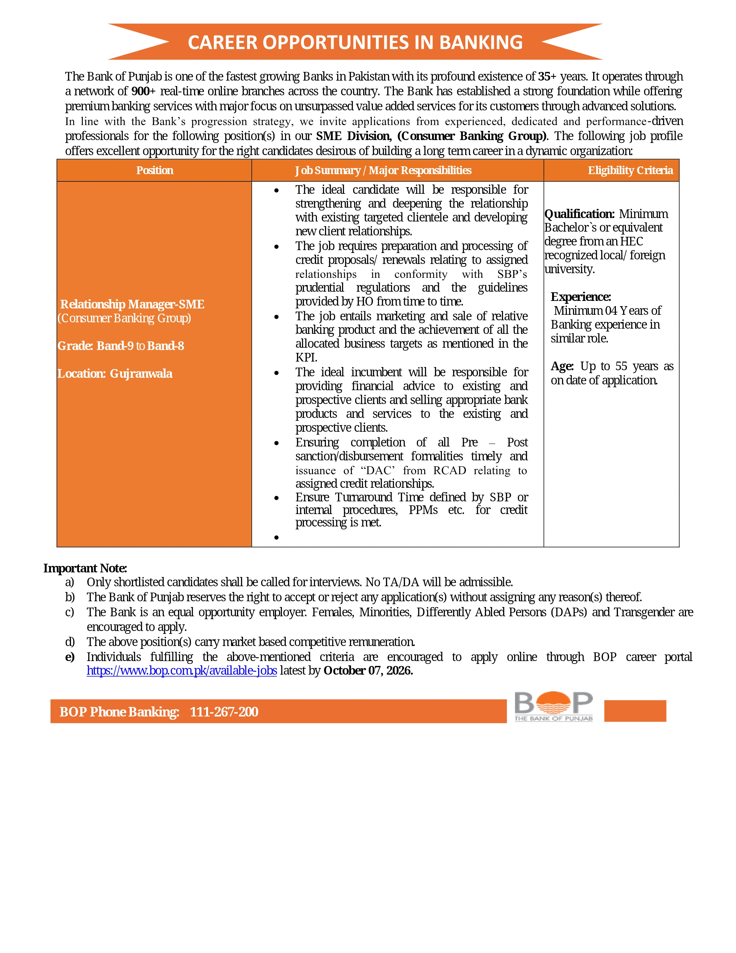 Bank of Punjab Relationship Manager SME Jobs 2026 - Original Advertisement