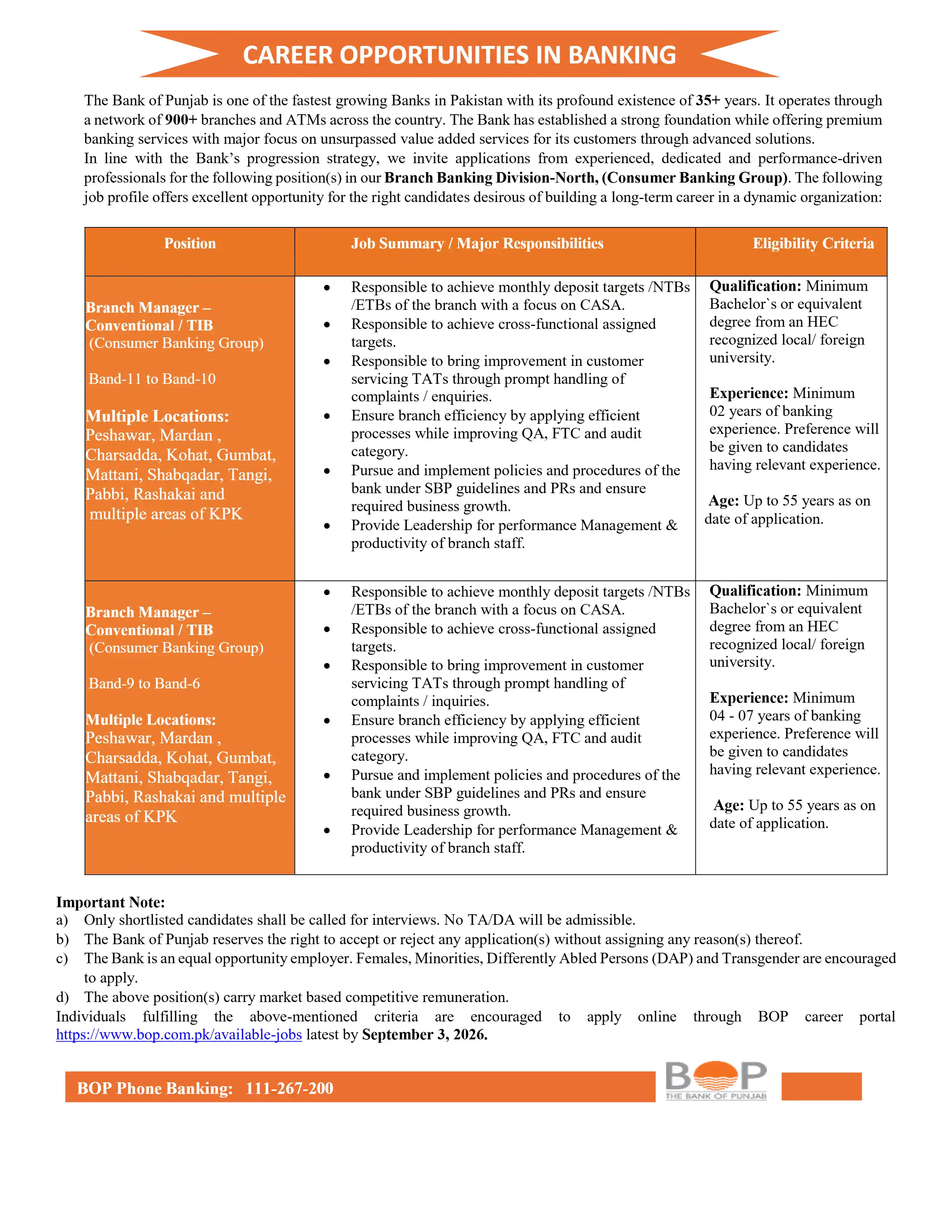 Bank of Punjab Branch Manager Jobs 2026 Apply Online - Original Advertisement