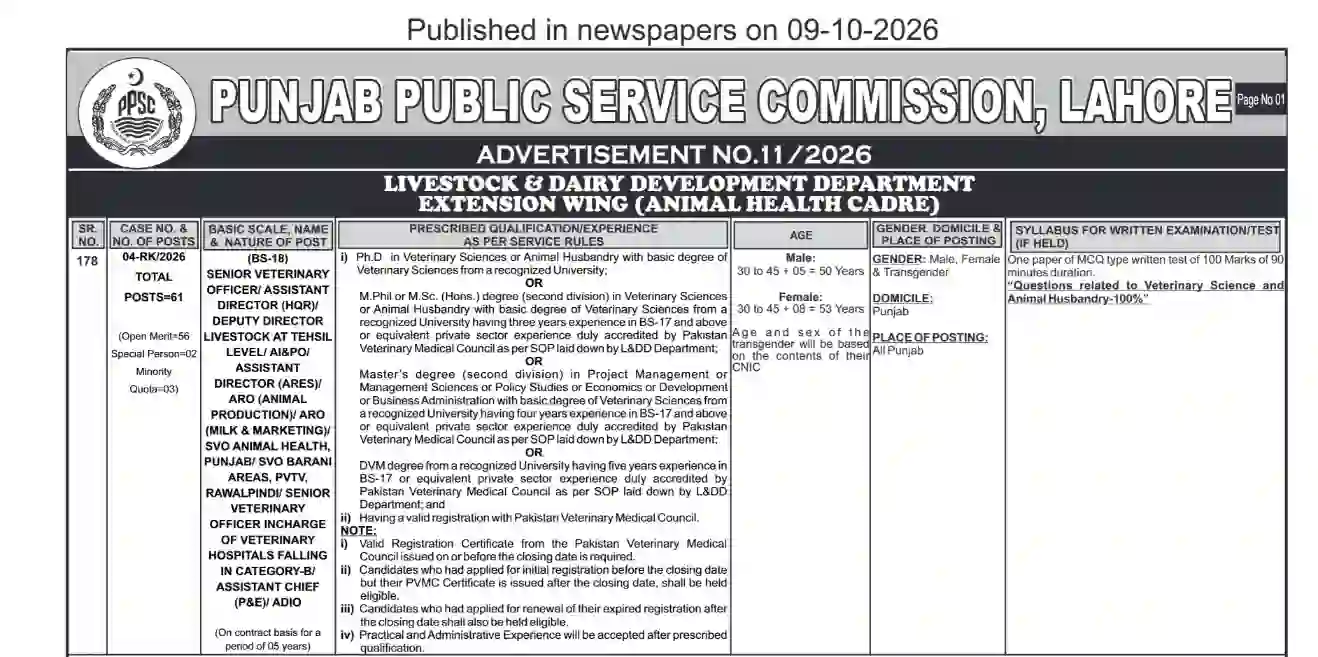 Livestock Dairy Veterinary Officer Jobs 2026 Apply Online - Original Advertisement