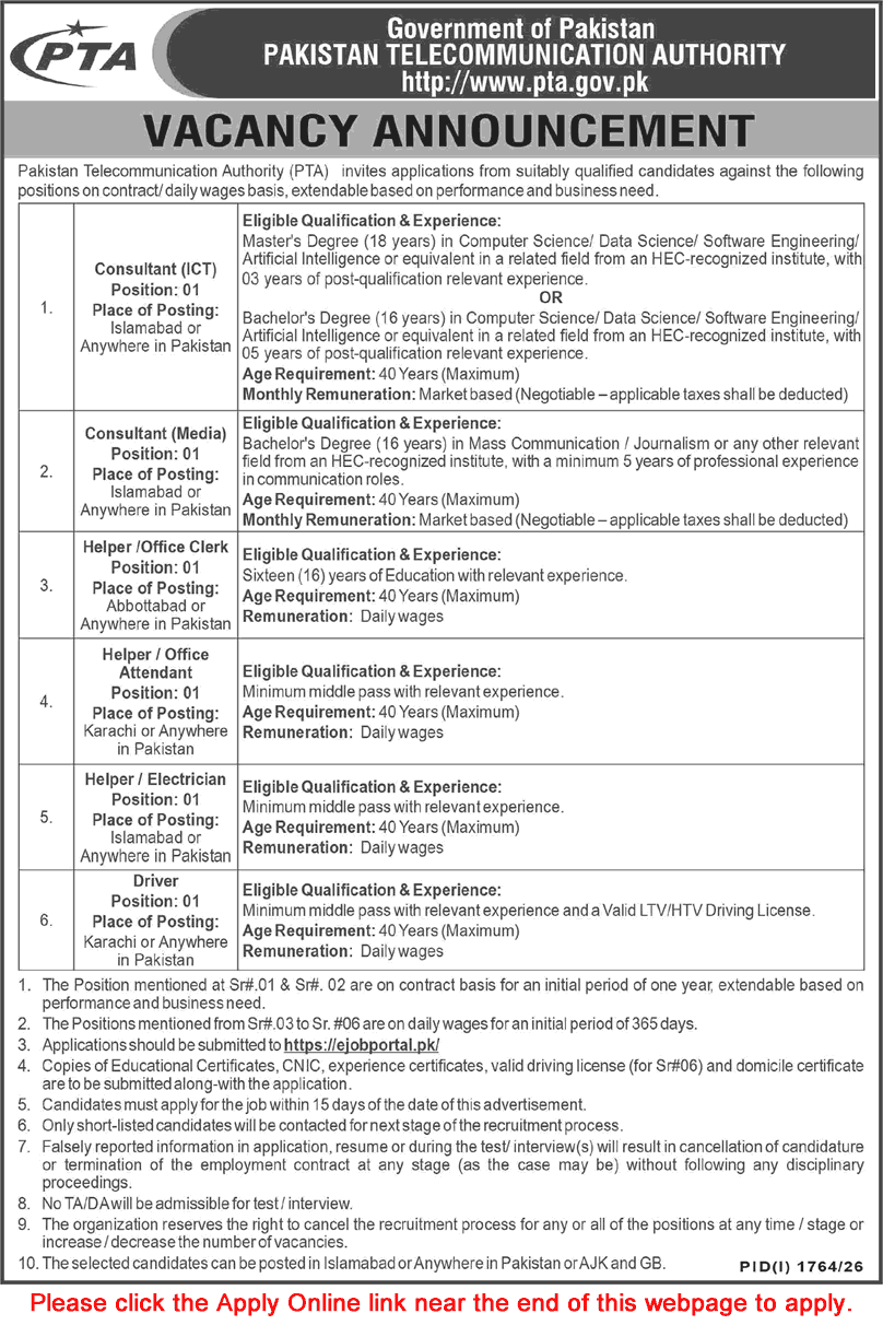 PTA Vacancy Announcement 2026 - Consultant & Helper Jobs - Original Advertisement
