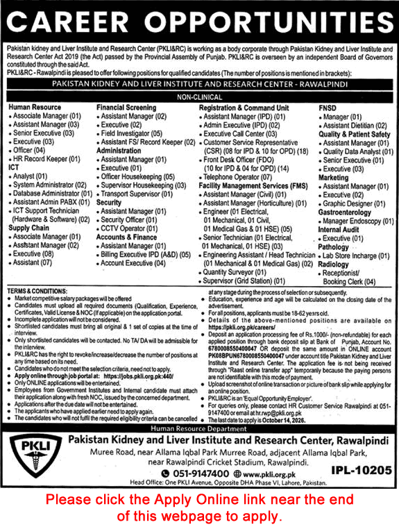 PKLI&RC Rawalpindi Jobs 2026 Multiple Posts Apply Online - Original Advertisement